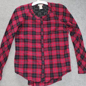 Love On Tap Women's Sz S The Classic Shirt Plaid Red Black 100% Cotton W/ Lace